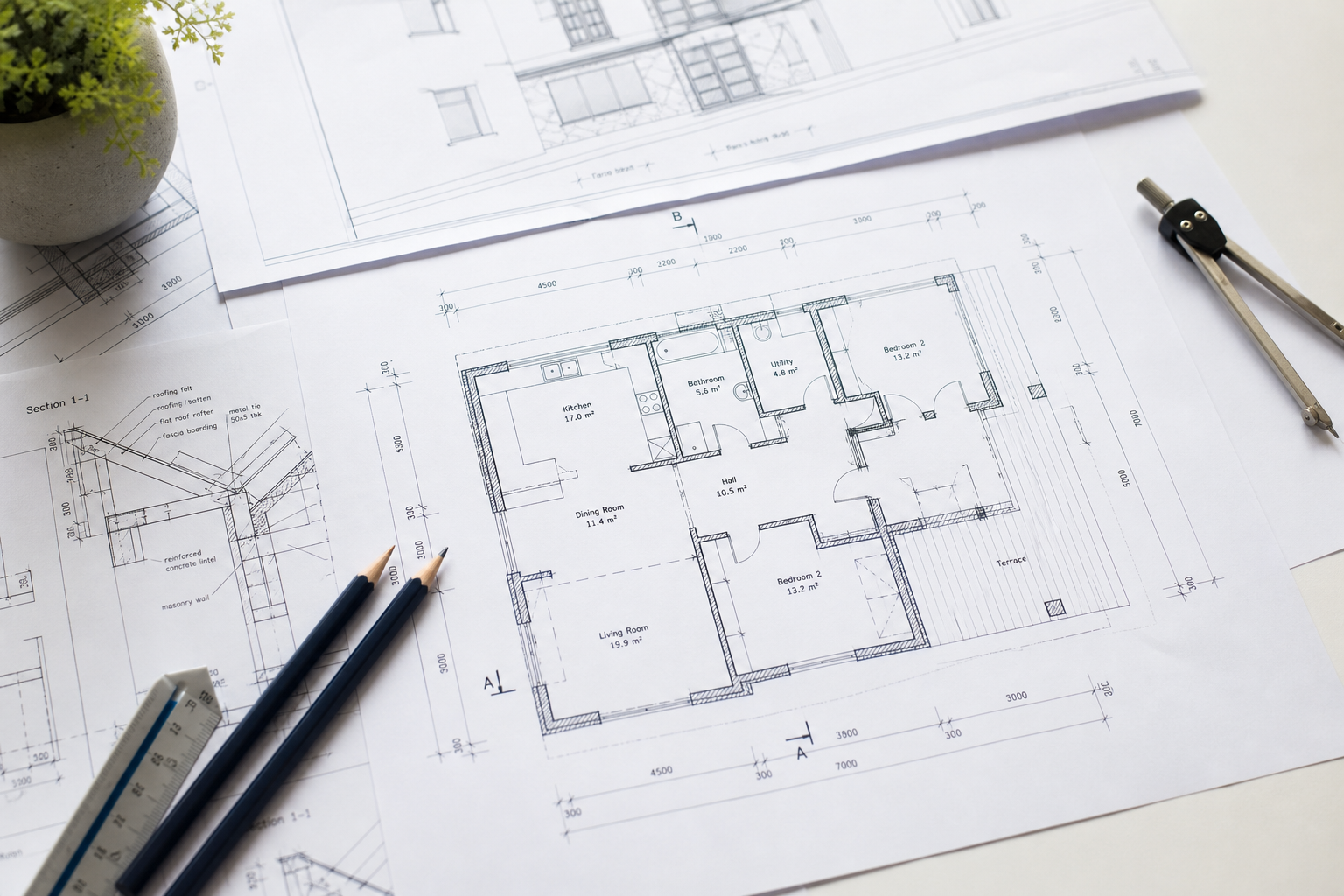 Detailed modern architectural floor plan and blueprints representation