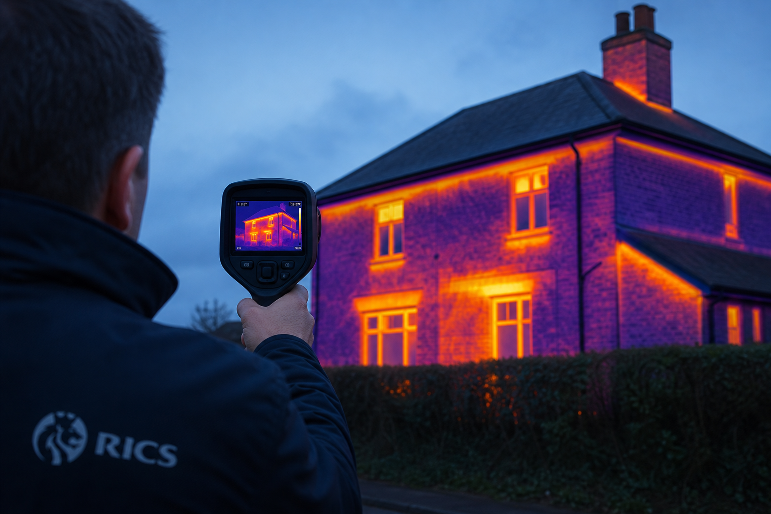 Thermal imaging camera revealing heat loss from a residential property